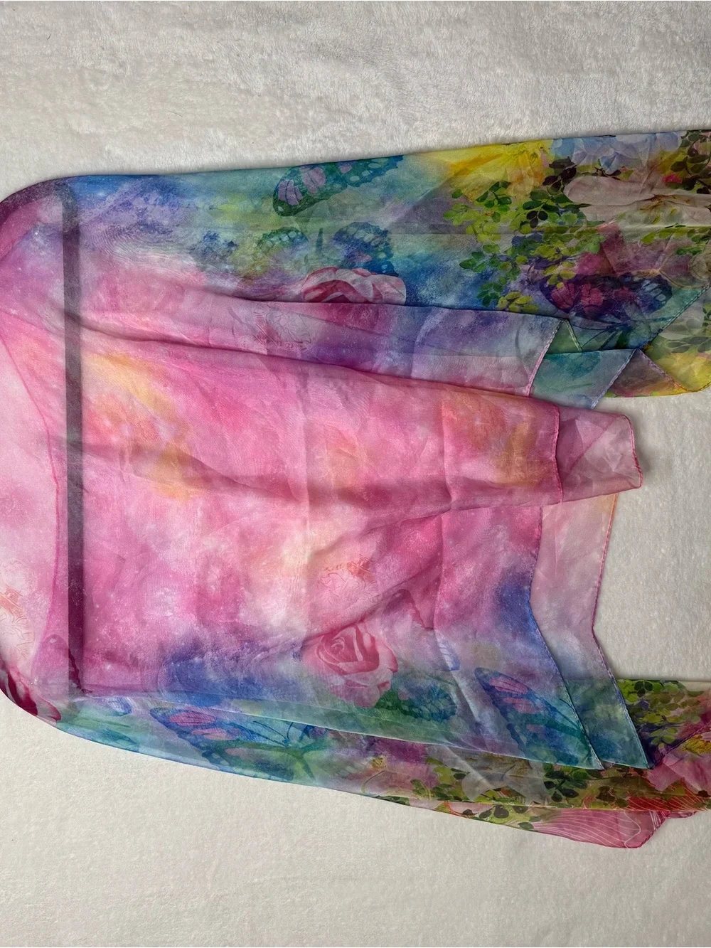 100% Silk Chiffon Sheer Floral Poncho Wrap Top Shawl Pearls Boho Resortwear